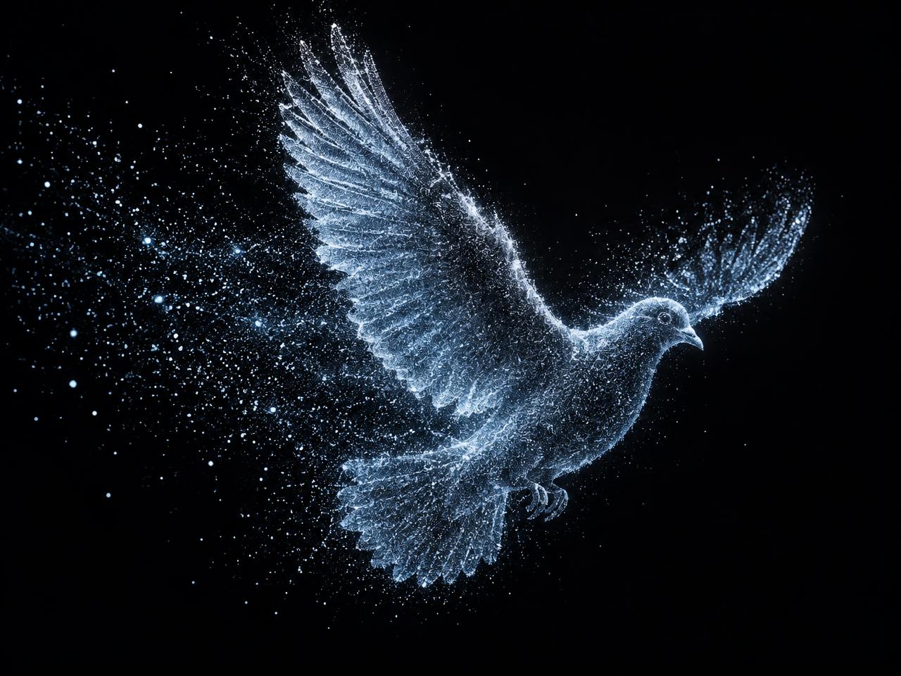 A homing pigeon in flight rendered as a cloud of pale particles